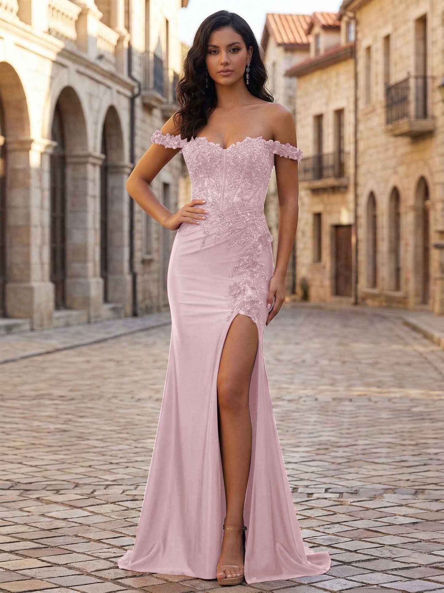 Mermaid Off-The-Shoulder Floral Corset Long Prom Dress with Slit