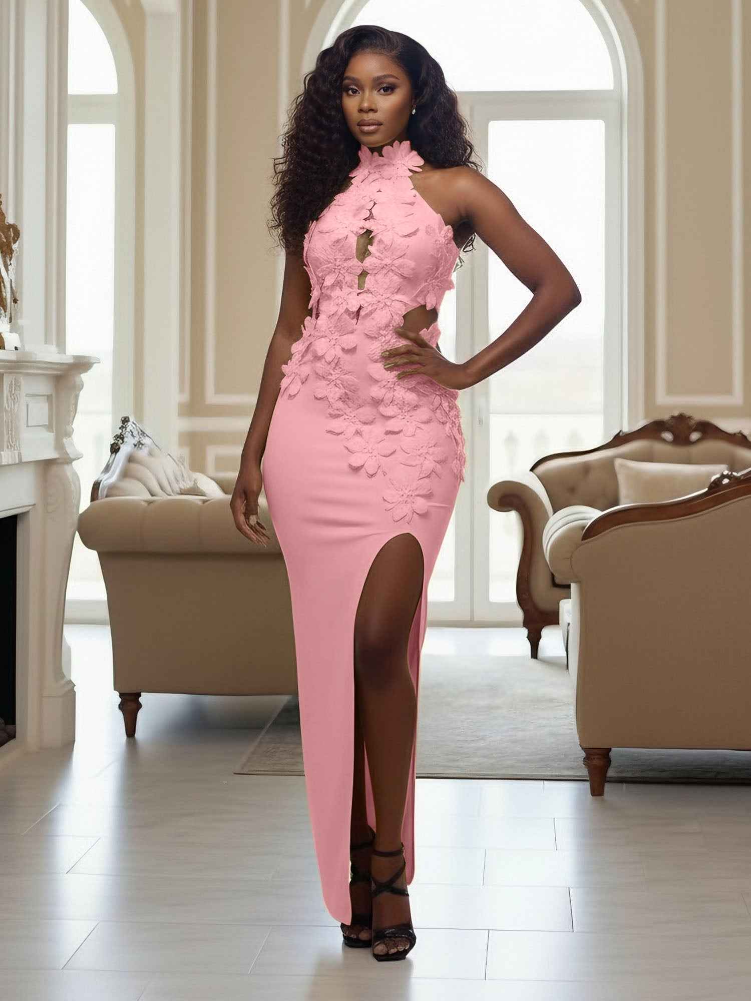 Yellow Halter Neck 3D Flower Mermaid Long Prom Dress with Slit