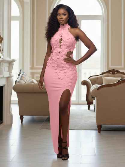 Yellow Halter Neck 3D Flower Mermaid Long Prom Dress with Slit