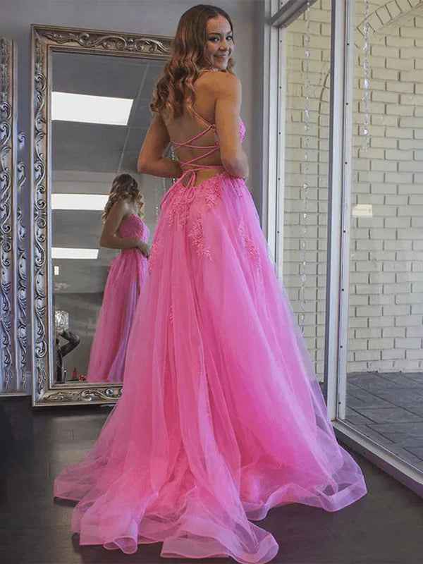 Pink A-Line V-Neck Spaghetti Straps Long Prom Dress with Appliques