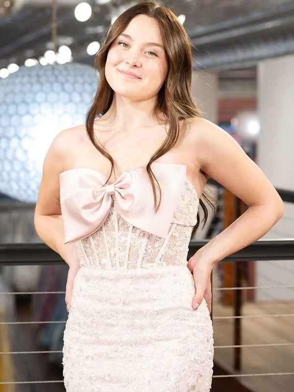 Blue Mermaid Strapless Lace Appliques Long Prom Dress with Bow