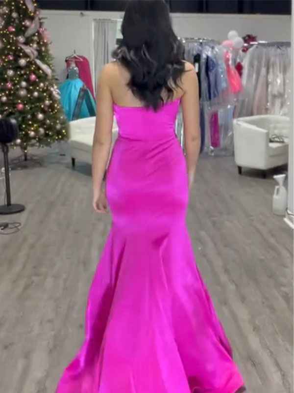 Pink Mermaid Strapless Satin Pleated Long Prom Dress with Bow