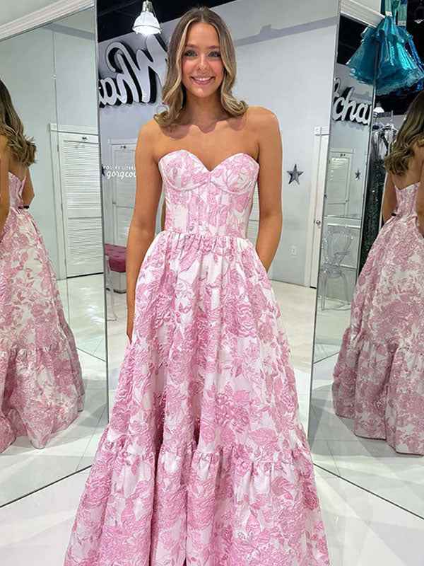 Pink A Line Sweetheart Floral Strapless Long Prom Dress