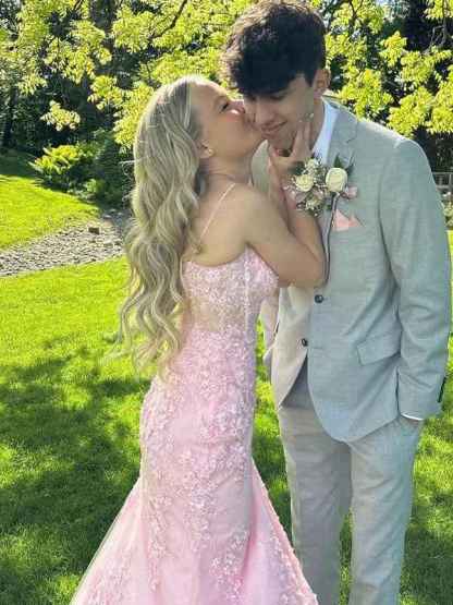 Pink Mermaid Spaghetti Straps Appliques Long Prom Dress with Train