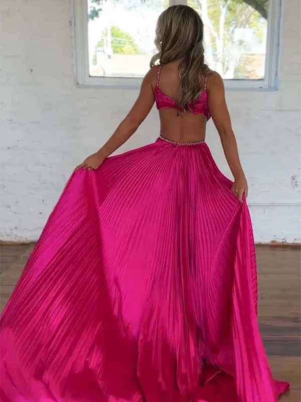 Pink A Line Pleated Cutout Open Back Prom Dress with Slit
