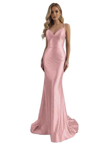 Blue Mermaid Spaghetti Straps V-Neck Rhinestone Long Prom Dress