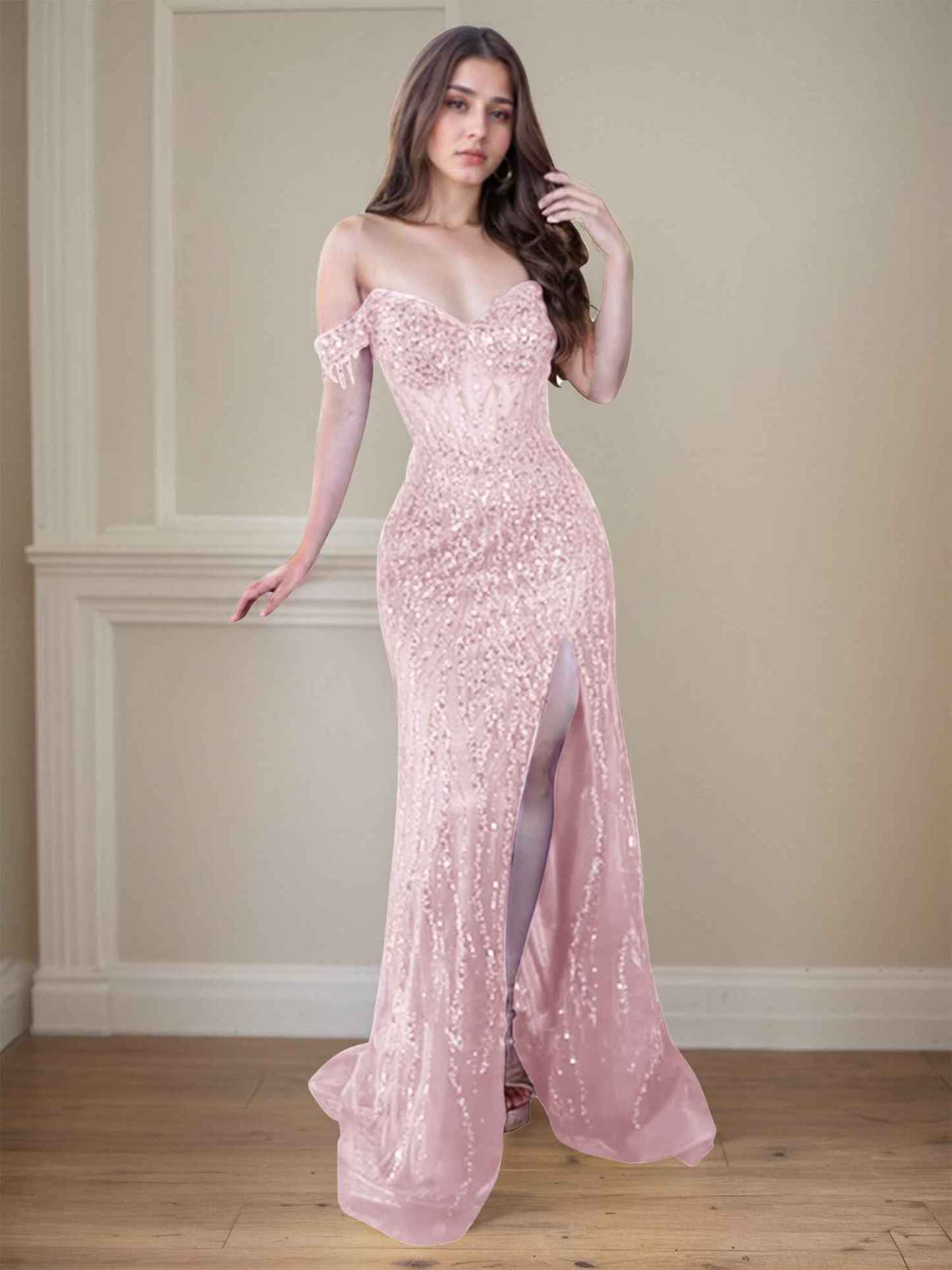 Red Off-the-Shoulder Beaded Tulle Long Prom Dress with Swirling Sequins