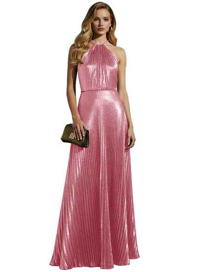 Luxurious Champagne-Gold Pleated Halter Long Prom Dress
