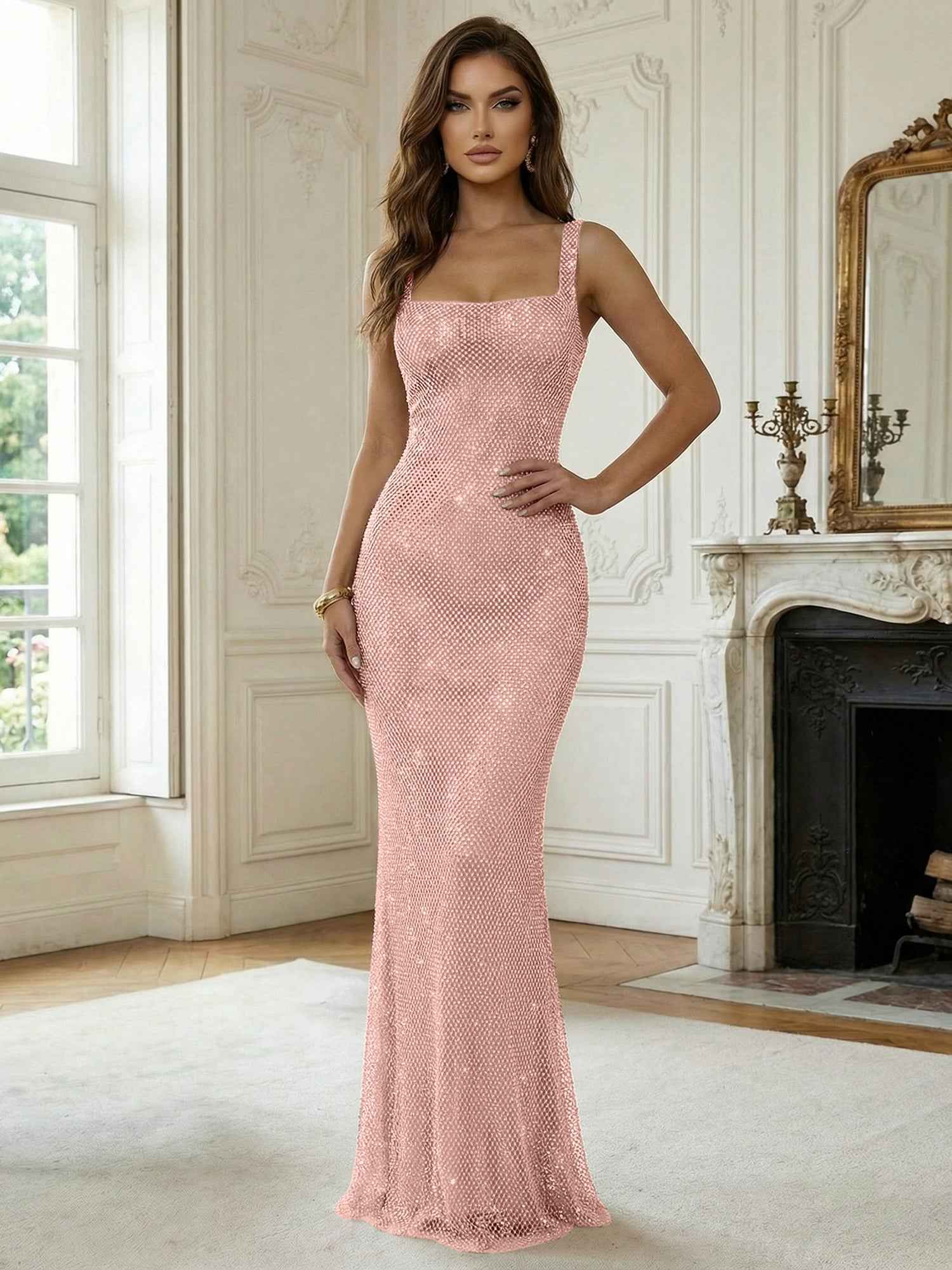 Crystal-Embellished Mermaid Long Prom Dress with Square Neckline