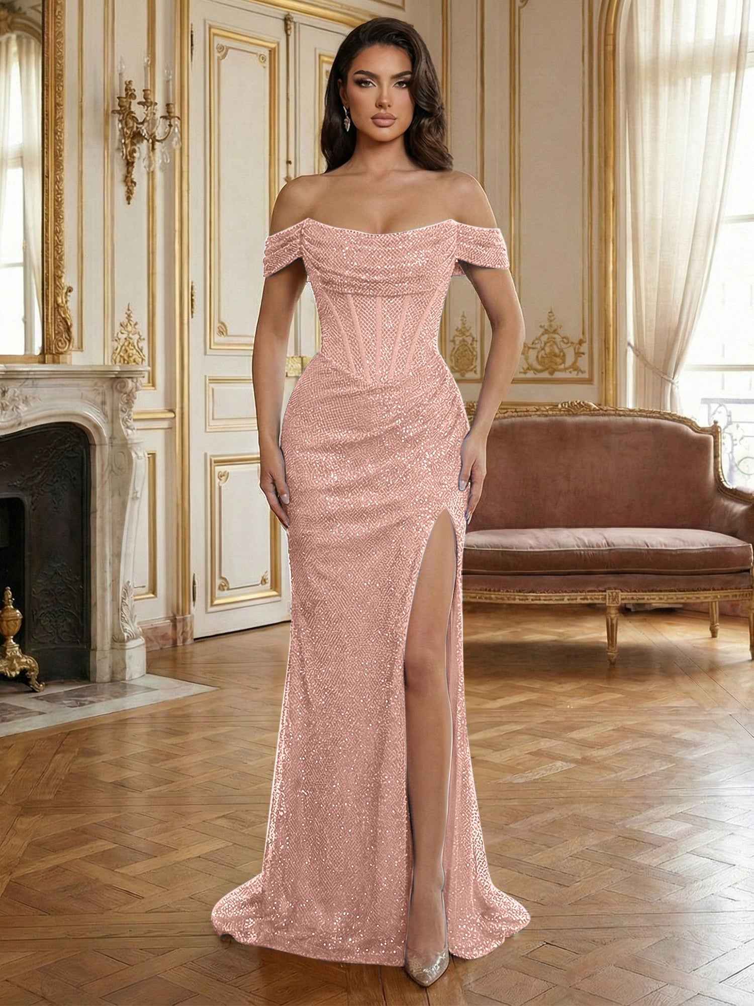 Sequin Off-the-Shoulder Corset Bodice Long Prom Dress with Slit