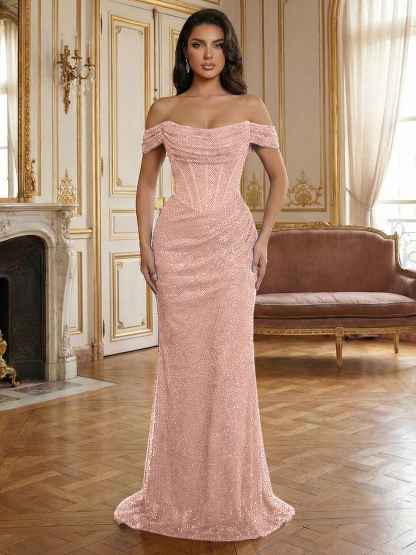 Red Off-The-Shoulder Sequined Corset Mermaid Long Prom Dress