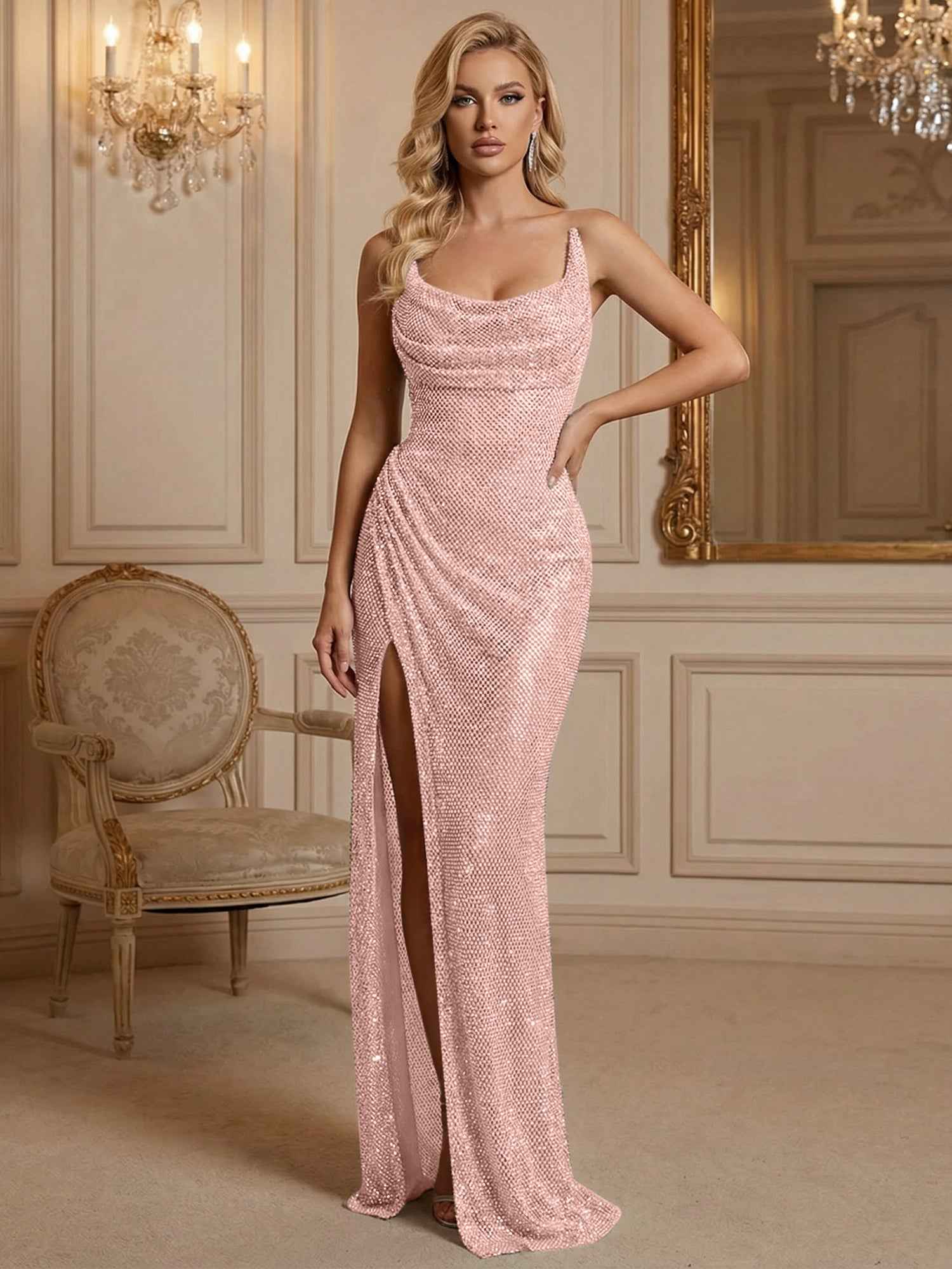 Silver Sequin Cowl Neck Ruched Long Prom Dress with High Slit