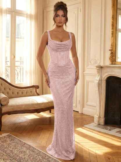 Sparkly Blue Shimmer Cowl Neck Corset Prom Dress