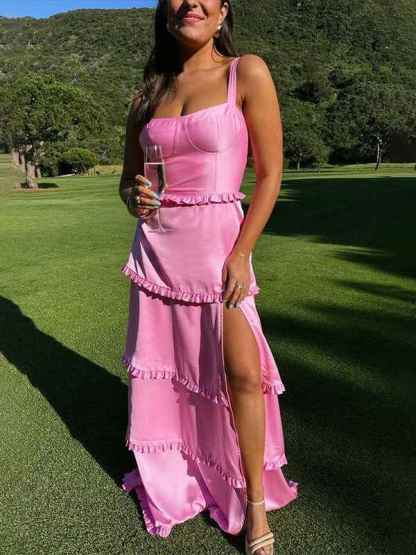 Orange A Line Cantaloupe Corset Tiered Long Prom Party Dresss