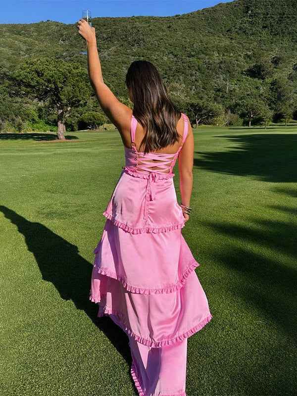 Orange A Line Cantaloupe Corset Tiered Long Prom Party Dresss