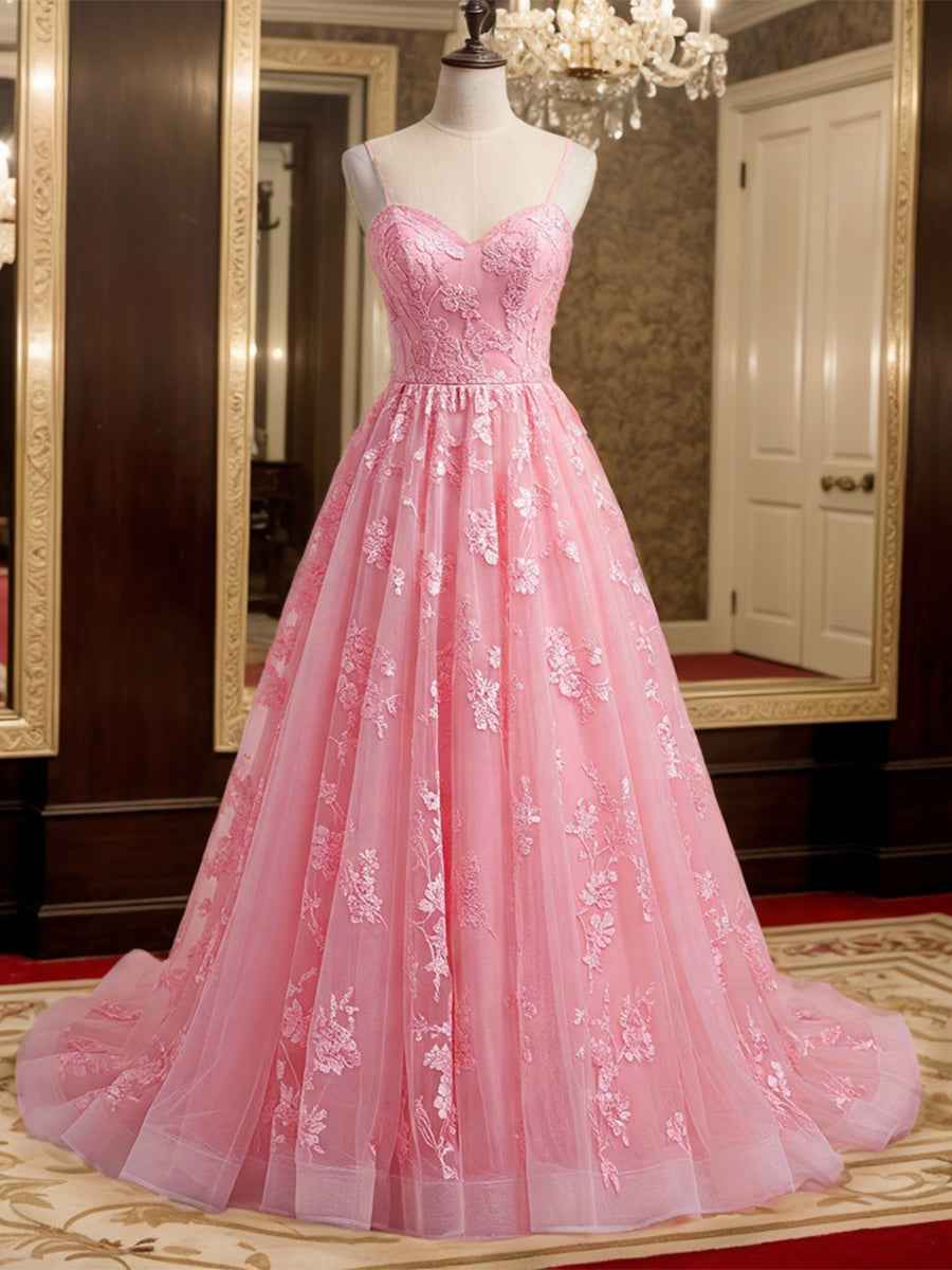 Pink A-Line Spaghetti Strap Tulle Prom Dress with Appliques