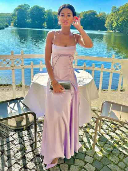 Fuchsia A-Line Spaghetti Straps Satin Long Prom Party Dress