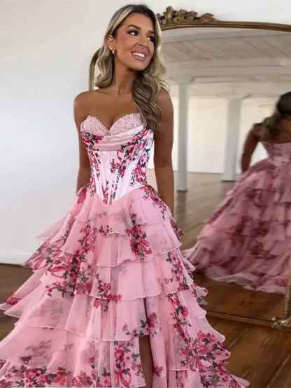 Pink A-Line Strapless Sweetheart Print Tiered Tulle Long Prom Dress with Slit