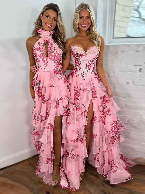 Pink A-Line Strapless Sweetheart Print Tiered Tulle Long Prom Dress with Slit
