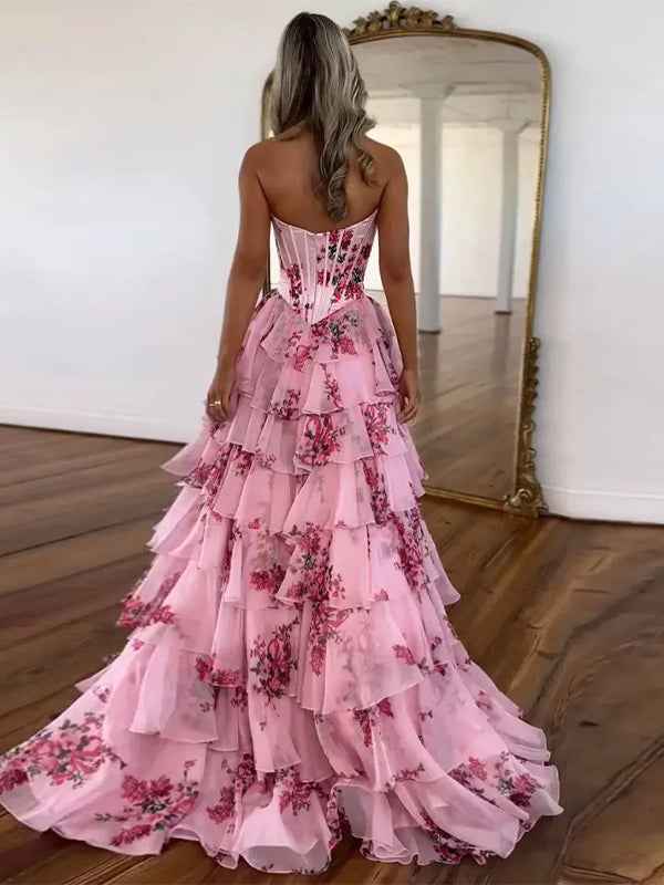 Pink A-Line Strapless Sweetheart Print Tiered Tulle Long Prom Dress with Slit