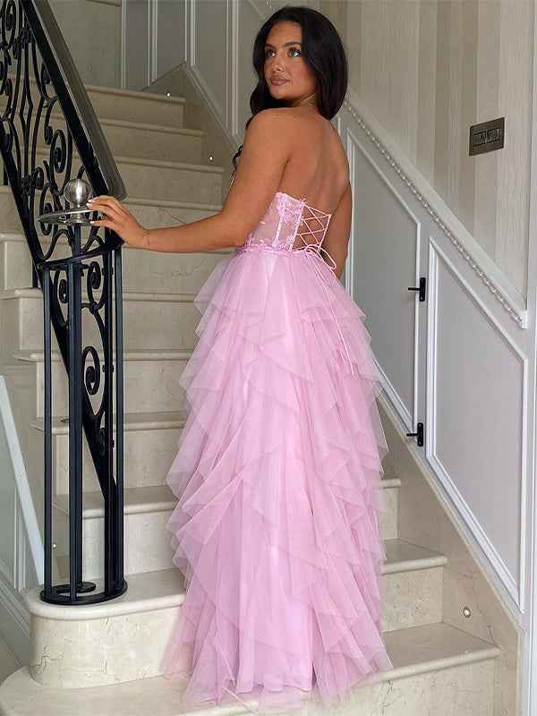 Black A-Line Strapless Tulle Tiered Long Prom Dress with Appliques