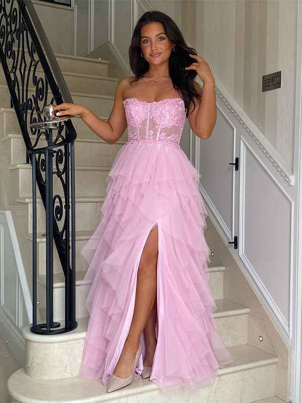 Black A-Line Strapless Tulle Tiered Long Prom Dress with Appliques
