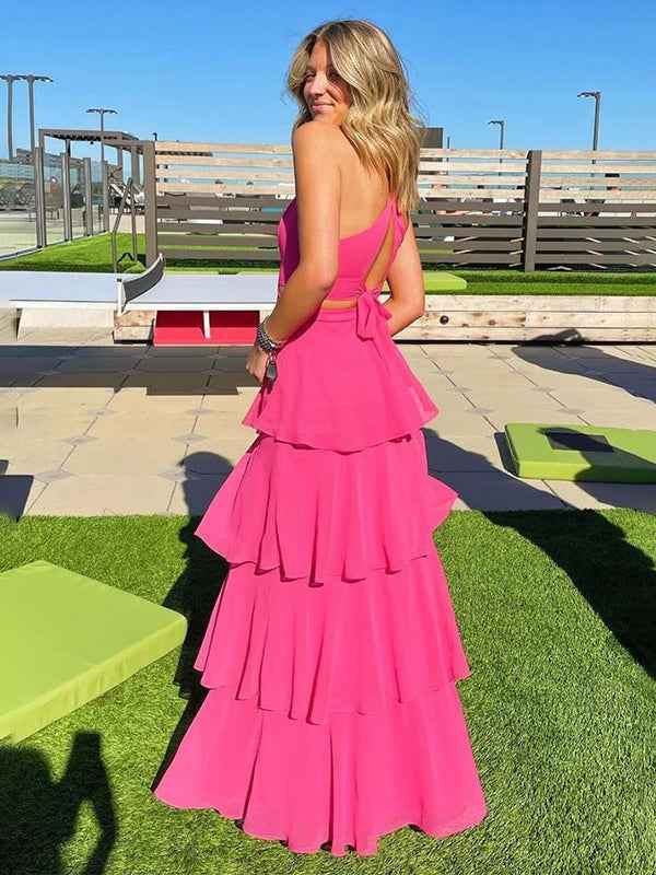 Pink A Line V Neck Halter Chiffon Tiered Long Prom Dress