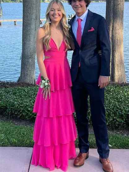 Pink A Line V Neck Halter Chiffon Tiered Long Prom Dress