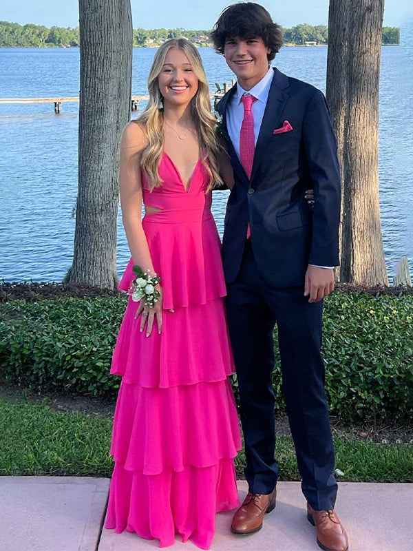 Blue A Line V-Neck Tiered Long Prom Dress with Cut-out