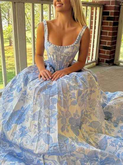 Pink Floral Brocade Pearl Long Corset Prom Dress