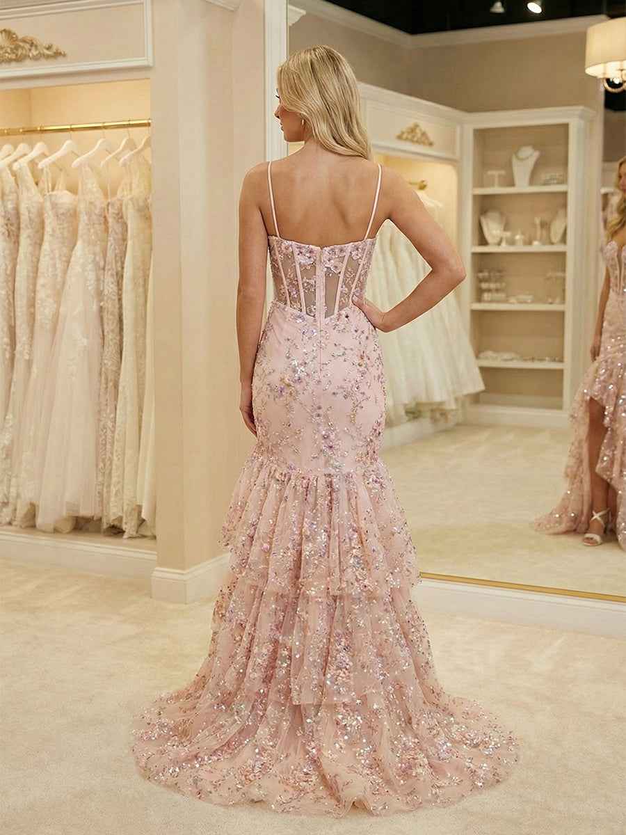 Pink Floral Embroidered Ruffled Tiered Corset Prom Dress with Slit
