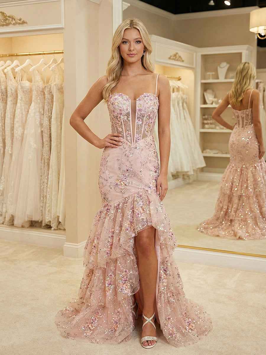 Pink Floral Embroidered Ruffled Tiered Corset Prom Dress with Slit
