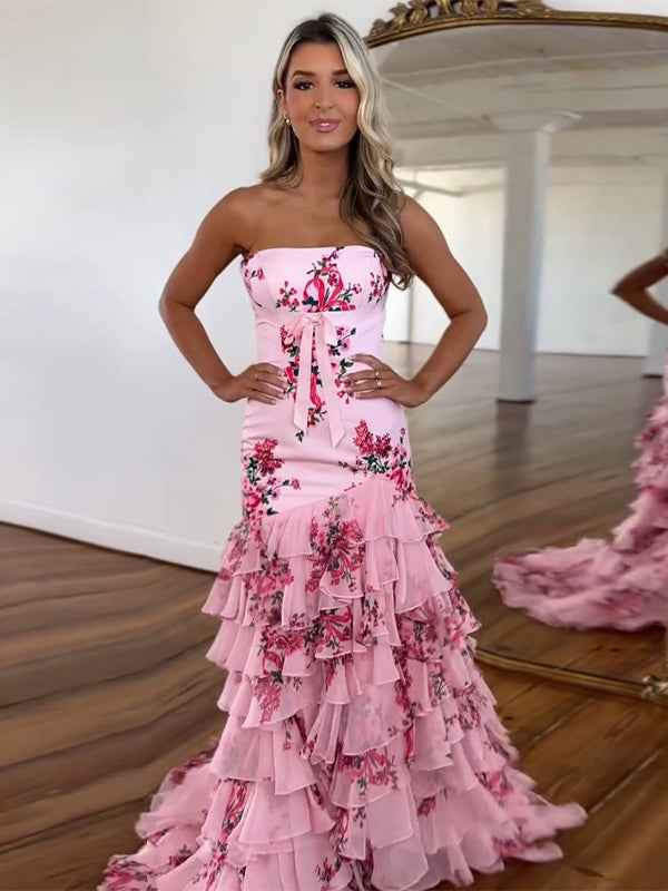Pink Mermaid Flower Strapless Corset Tiered Tulle Long Prom Dress