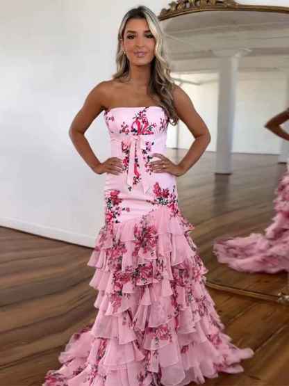 Pink Mermaid Flower Strapless Corset Tiered Tulle Long Prom Dress