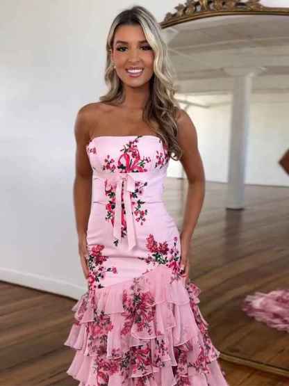 Pink Mermaid Flower Strapless Corset Tiered Tulle Long Prom Dress