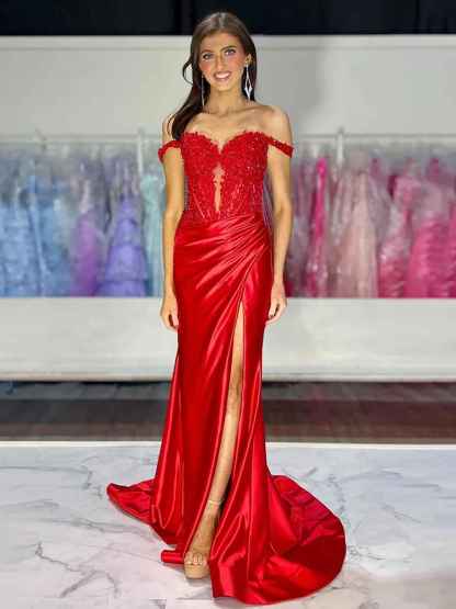 Pink Mermaid Off-Shoulder Sweetheart Appliques Pleated Prom Dress with Slit