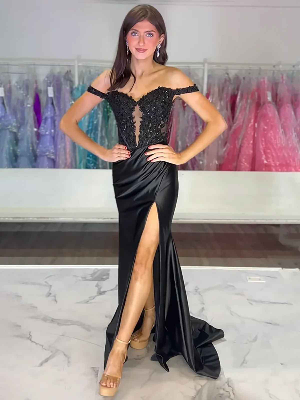 Pink Mermaid Off-Shoulder Sweetheart Appliques Pleated Prom Dress with Slit