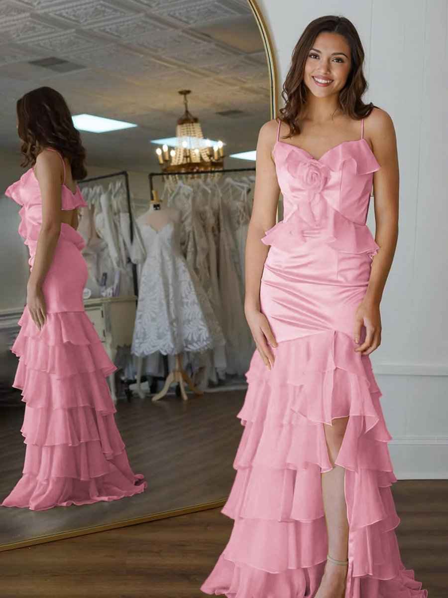 Yellow Mermaid Ruffle Chiffon Long Prom Dress with Flower