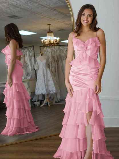 Yellow Mermaid Ruffle Chiffon Long Prom Dress with Flower