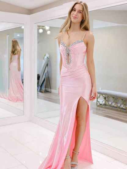 Pink Mermaid Spaghetti Straps V Neck Beaded Long Prom Dress with Slit