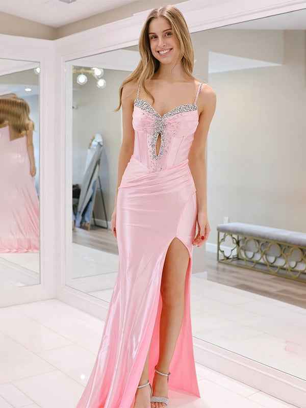 Pink Mermaid Spaghetti Straps V Neck Beaded Long Prom Dress with Slit