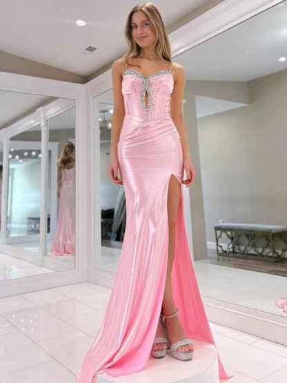 Pink Mermaid Spaghetti Straps V Neck Beaded Long Prom Dress with Slit