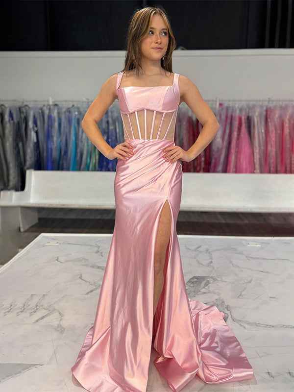 Pink Mermaid Square Neck Satin Pleated Long Prom Dress with Slit