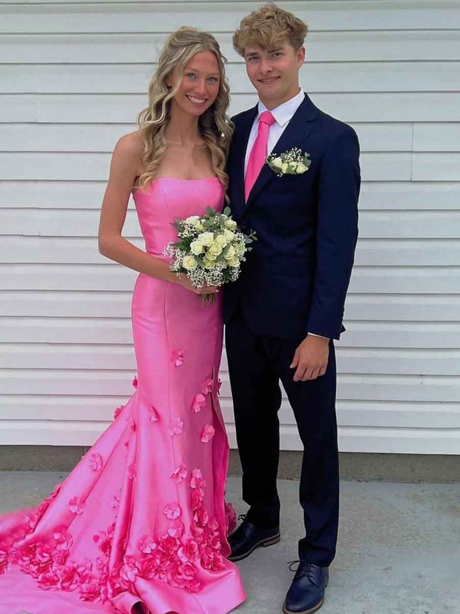 Pink Mermaid  Strapless Sleeveless Long Prom Dress with Appliques
