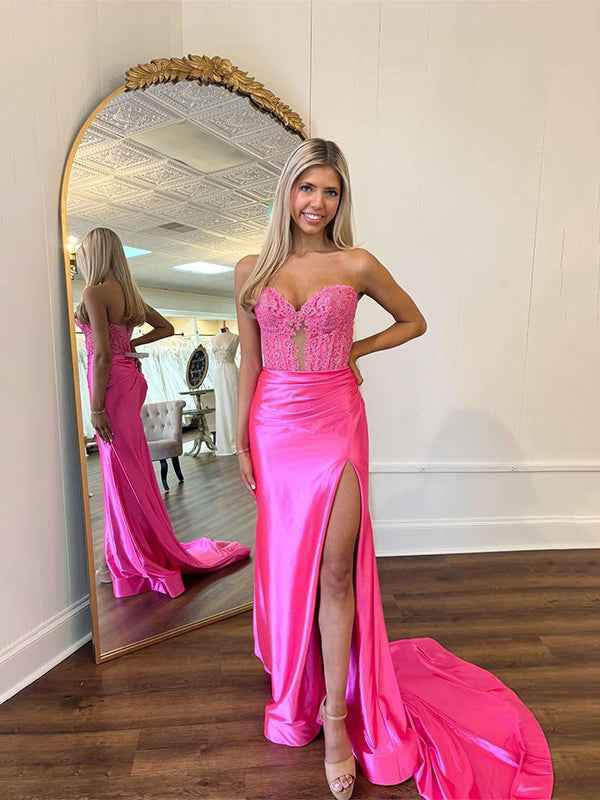 Burgundy Mermaid Sweetheart Applique Ruched Prom Dress with Slit