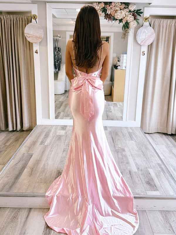 Pink Mermaid Sweetheart Satin Long Prom Dress with Beading