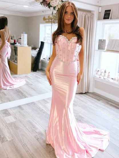 Pink Mermaid Sweetheart Satin Long Prom Dress with Beading