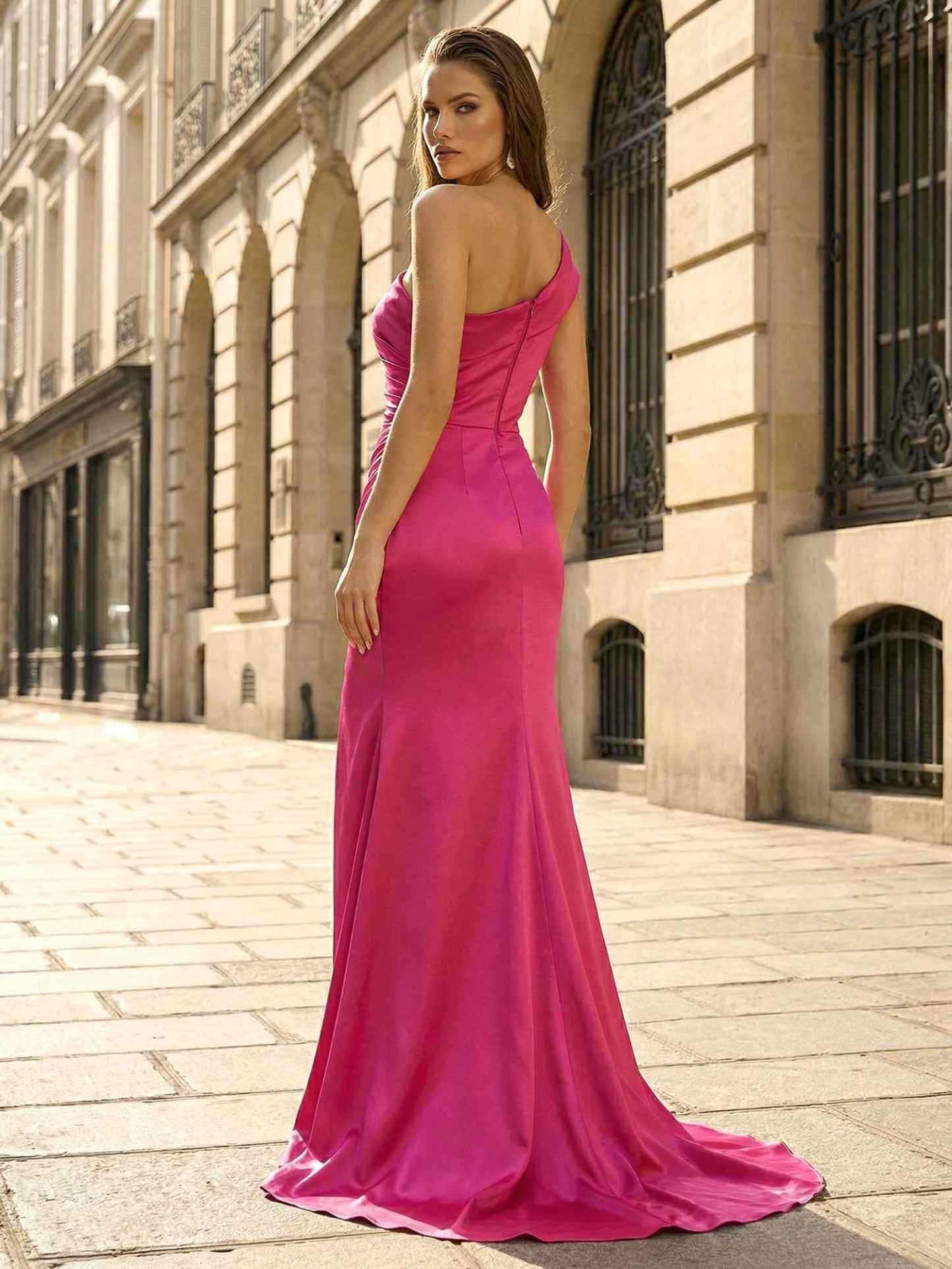 Fuchsia One-Shoulder Satin Prom Gown with Ruched Slit Skirt
