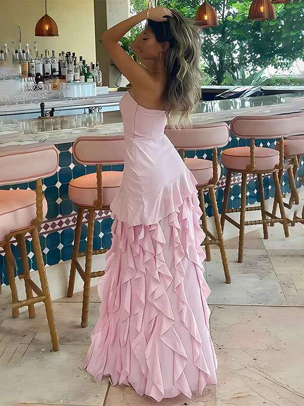 Pink Sheath Strapless Tiered Long Chiffon Prom Dress