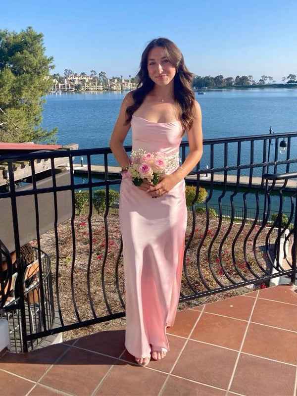 Pink Spaghetti Straps Fitted Long Prom Party Dress with Slit